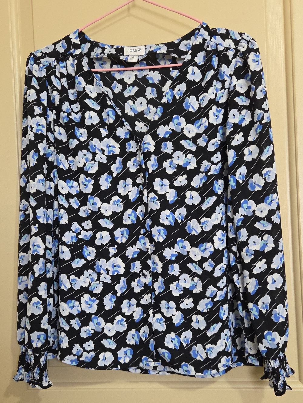 J. Crew Women's Black Floral V-Neck Long-Sleeve Blouse - Blue & White Floral